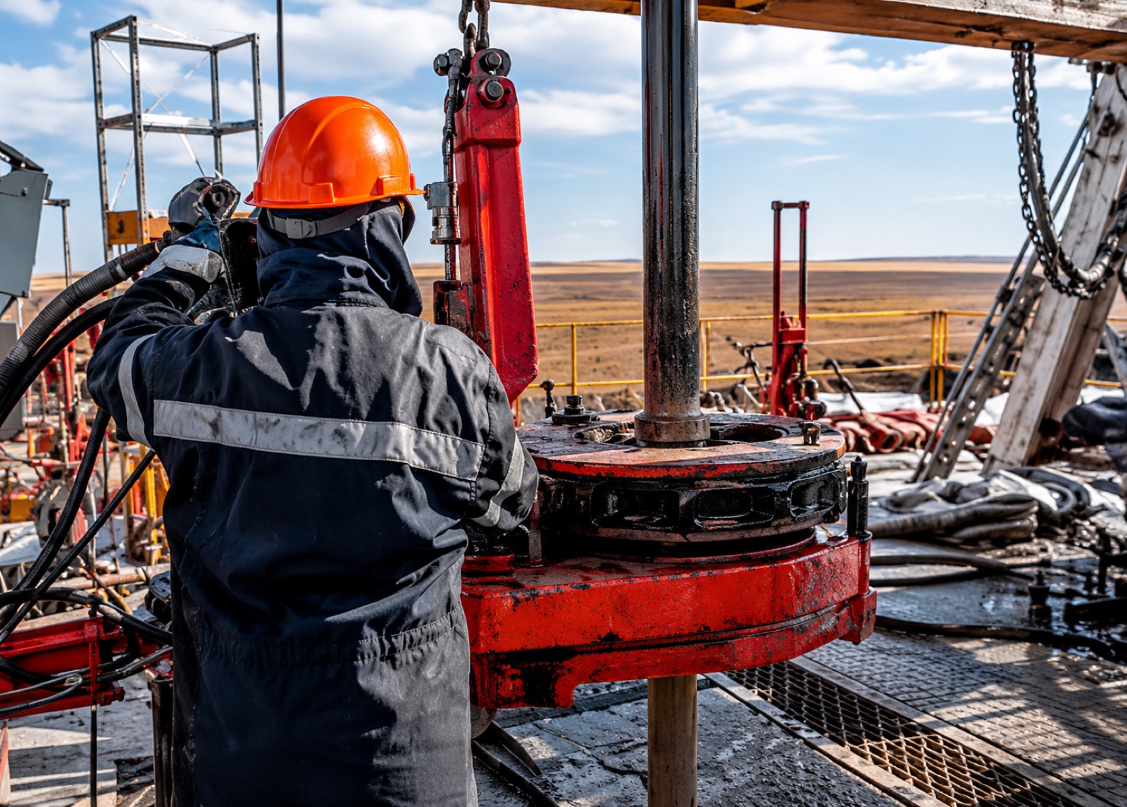 Field operator working beside oilfield pumping equipment