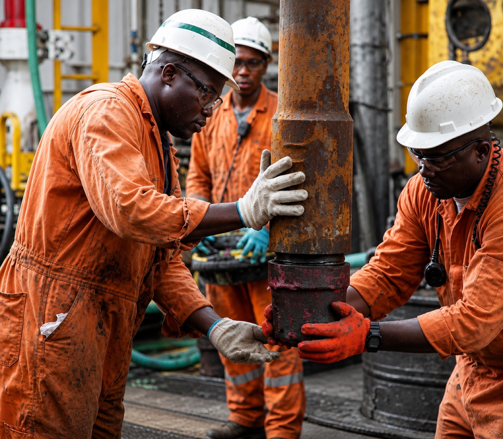 Technicians carrying out wellhead maintenance on a drilling rig